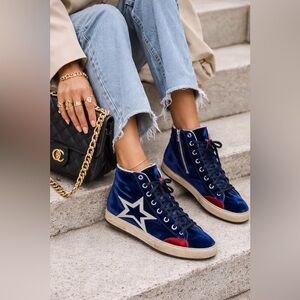 Ishikawa Blue Velvet High Top Sneakers Women’s 8.5(39) Star Lace Up Shoes